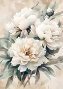 Witte pioenrozen boeket met knop, schilderij van een boeket witte pioenrozen