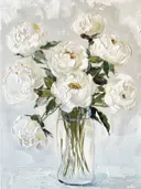 Botanisch schilderij van witte pioenrozen in een glazen vaas