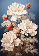 Schilderij van witte pioenrozen op blauwe achtergrond