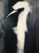 Schilderij van een witte reiger tegen een donkere achtergrond