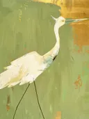 Witte reiger schilderij, elegante vogel op groene achtergrond met goud