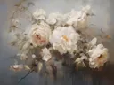 Stilleven schilderij van een boeket witte rozen in vervaagde tinten