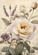 Botanische prent van witte rozen en lavendel