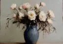 Olieverfschilderij van witte rozen in een blauwe vaas