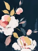 Schilderij van witte rozen tegen een donkerblauwe achtergrond