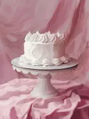 Schilderij van een witte taart op een roze doek