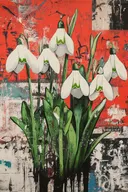 Schilderij van witte klokvormige sneeuwklokjes op een rood-zwarte graffiti-achtergrond