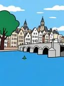 Witte trapgevels aan de rivier in cartoonstijl, schilderij
