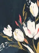 Botanisch schilderij van witte tulpen op donkere achtergrond