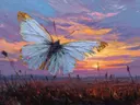 Schilderij van een witte vlinder tegen een kleurrijke avondlucht boven een veld met riet