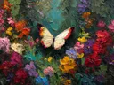 Schilderij van een witte vlinder met rode vleugelpunten op een groene bloemenachtergrond