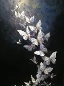 Schilderij van een witte vlinderzwerm op zwarte achtergrond