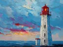 Schilderij van een witte vuurtoren met rood dak aan een rotsachtige kust bij zonsondergang