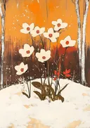 Schilderij van witte winterbloemen in een berkenbos