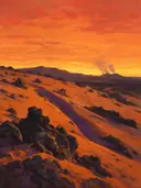 Landschapsschilderij, woestijn bij zonsondergang in vol licht