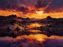 Landschapsschilderij, woestijn bij zonsondergang op vulkanische grond