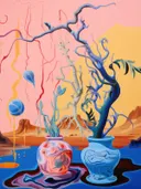 Surrealistische woestijnscène met kale boomtakken, versierde vazen en een roze-gele lucht