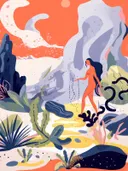 Gestileerde platte vector-illustratie van een surrealistische woestijnscene met een figuur, een slang, rotsformaties en cactussen