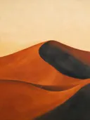 Schilderij van woestijnduinen in roest en crème, in vlakke kleurvlakken