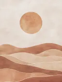 Schilderij van woestijnduinen en zon in terracotta en beige tinten