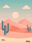 Illustratie van een woestijnlandschap met cactussen, duinen en een ondergaande zon