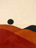 Woestijnlandschap in de stijl Textured Minimalism, in diep rood, roestoranje en romige crème, met diepzwart