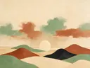 Woestijnlandschap in de stijl Textured Minimalism, in saliegroen, romige crème en terracotta, met een diepzwart accent