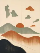 Woestijnlandschap in de stijl Textured Minimalism, in saliegroen, romige crème en terracotta, met een diepzwart accent
