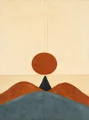 Woestijnlandschap in de stijl Textured Minimalism, in gedempt blauwgrijs, romige crème en terracotta, met een diepzwart accent