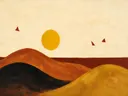 Woestijnlandschap in de stijl Textured Minimalism, in diep roest, mosterdgeel en romige crème, met een diepzwart accent