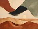 Woestijnlandschap in de stijl Textured Minimalism, in saliegroen, romige crème en terracotta, met een diepzwart accent