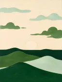 Woestijnlandschap in de stijl Textured Minimalism, in bosgroen, mos en bleek celadon, met een zacht crèmewit accent