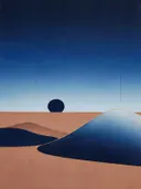 Woestijnlandschap in de stijl Textured Minimalism, in middernachtindigo, kobalt en bleek ijsblauw, met een dunne gouden lijn
