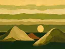 Woestijnlandschap in de stijl Textured Minimalism, in olijfgroen, kaki en bleek zand, met een gebrande sienna als accent