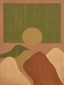 Woestijnlandschap in de stijl Textured Minimalism, in olijfgroen, kaki en bleek zand, met een gebrande sienna als accent