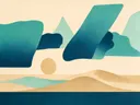 Woestijnlandschap in de stijl Textured Minimalism, in diep zeeblauw, turkoois en bleek aqua, met warm zand