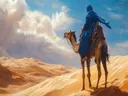 Schilderij van een man op een kameel in de woestijnduinen