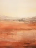 Landschapsschilderij van een oranje woestijnvlakte met bergen in de verte.