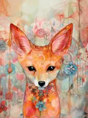 Schilderij van een fennekvos met grote oren tussen roze en blauwe bloemen