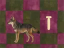 Schilderij van wolf in magenta en olijfgroen, in vlakke kleurvlakken