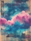 Abstract schilderij met blauwe en roze wolkvormen over vintage stadsfoto's