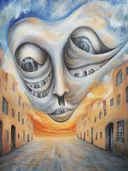 Surrealistisch schilderij van een enorm wolkengezicht boven een oude straat met gebouwen