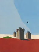 Schilderij van wolkenkrabber in hemelblauw en klaproosrood, in vlakke kleurvlakken
