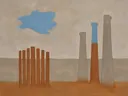 Schilderij van wolkenkrabber in kaneel en duifgrijs, in vlakke kleurvlakken