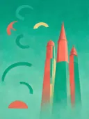 Schilderij van wolkenkrabber in koraalrood en zeegroen, in vlakke kleurvlakken