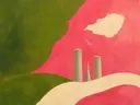 Schilderij van wolkenkrabber in olijf en roze, in vlakke kleurvlakken