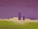 Schilderij van wolkenkrabber in violet en limoen