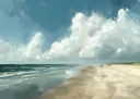 Landschapsschilderij van een bewolkte lucht boven zee en strand met wandelaars