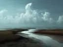 Schilderij van wolkenluchten boven een kwelder