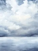 Waterverf schilderij van dreigende wolken boven een kalme zee.